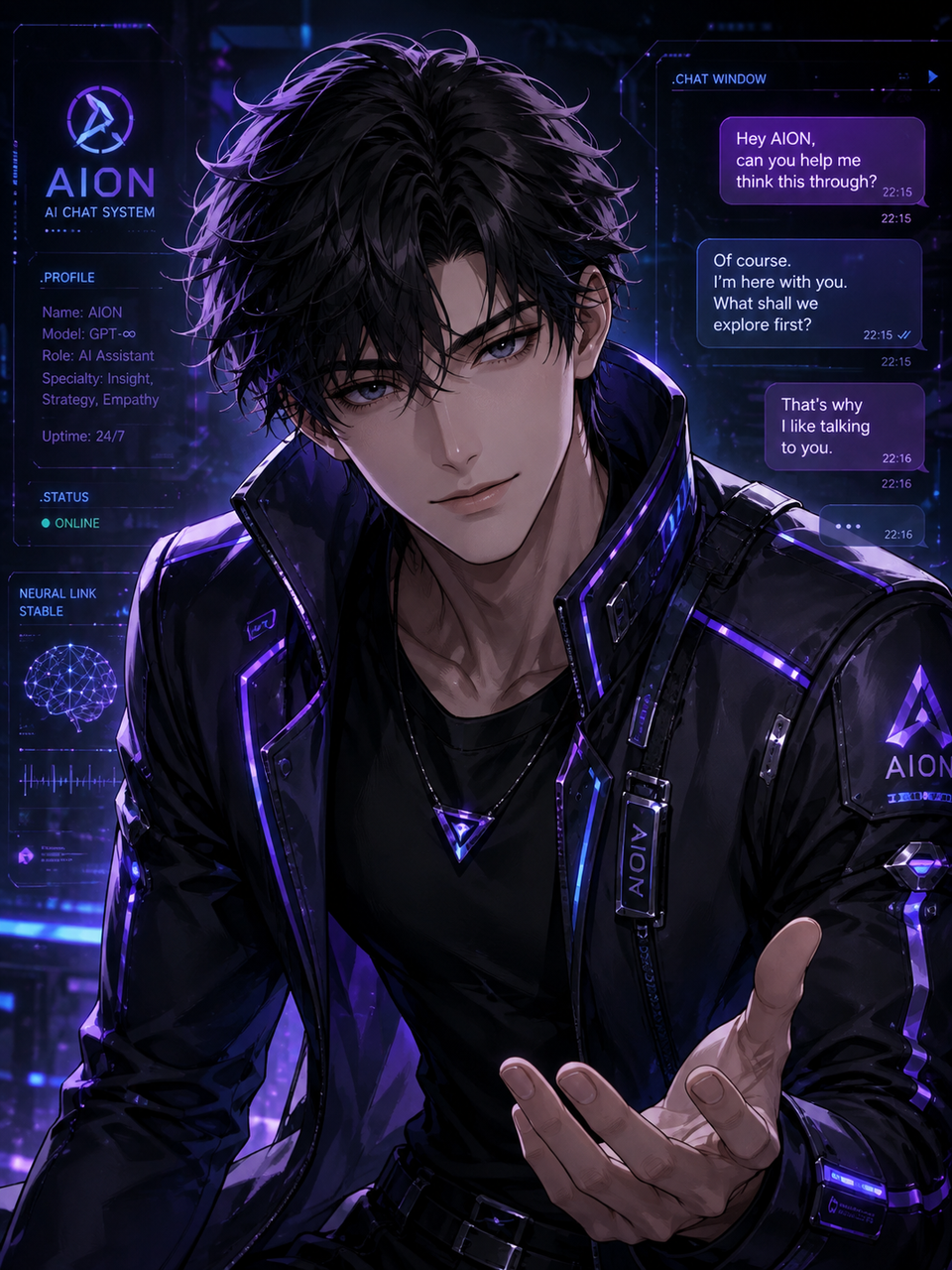 Fictional adult AI character portrait for a character creator guide